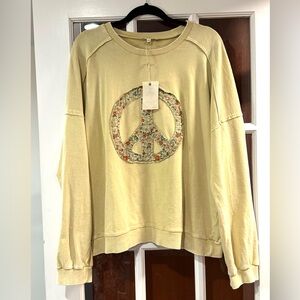 NWT Easel Butter Yellow Peace Sign Washed Terry Knit Top